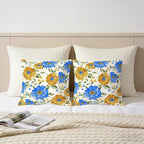 Mustard Yellow Floral Spring Summer Throw Pillows Covers 18x18 Inch Set of 2, Blue Flowers Pillowcases, Boho Square Cushion Covers for Couch Sofa Bedroom Living Room Farmhouse, Boho Spring Home Decor