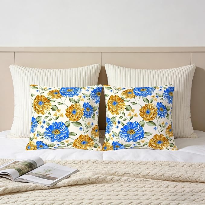 Mustard Yellow Floral Spring Summer Throw Pillows Covers 18x18 Inch Set of 2, Blue Flowers Pillowcases, Boho Square Cushion Covers for Couch Sofa Bedroom Living Room Farmhouse, Boho Spring Home Decor