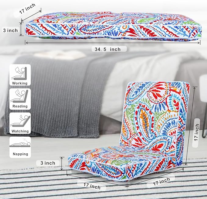 JMGBird Floor Chair with Back Support - Adjustable 5-Position Gaming Chair, Waterproof Paisley Pattern, Indoor Outdoor Meditation Cushion