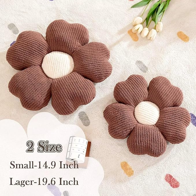 Flower Throw Pillow, Cute Flower Shaped Pillow Decorative Throw Pillow for Bed Couch, Soft Daisy Pillows Floor Seating Cushion Cushions (14.9 Inch Brown)