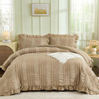 WONGS BEDDING Khaki Comforter Set King,3 Pieces Ruffle Farmhouse Shabby Chic Comforter for King Bed,Soft Textured Boho Bedding Set with 1 Ruffle Comforter,2 Tufted Pillowcases 104"×90"