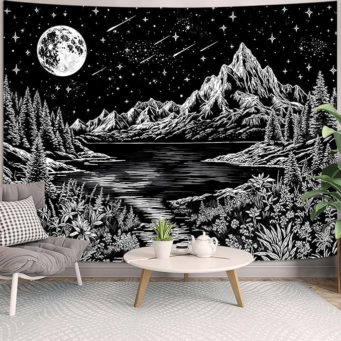 Zussun Black and White Mountain Forest Tapestry for Bedroom Aesthetic Dark Nature Lake Landscape Tapestries Wall Hanging Moon and Stars Wall Tapestry for Living Room Dorm 60 × 44 Inch