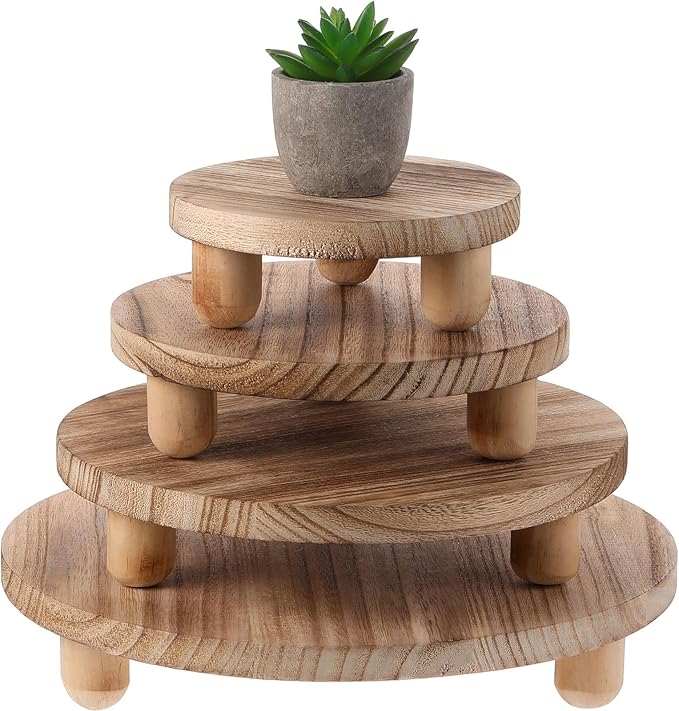 Sintuff 4 Pack Mini Wooden Plant Stool Display Wood Cake Stand 12/10/8/6 Inch Round Plant Risers Holder for Flower Pot Wooden Stool Indoor Outdoor Wood Stand(Beige)