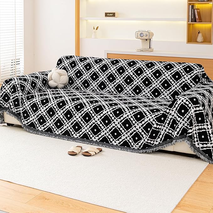 Reversible Couch Cover Blanket, Christmas Couch Cover, Chenille Sofa Covers Blanket, Christmas Sofa Covers Washable, 71"×150" Couch Covers for Recliner & Chair (1PC, Black, Oversized Sofas)