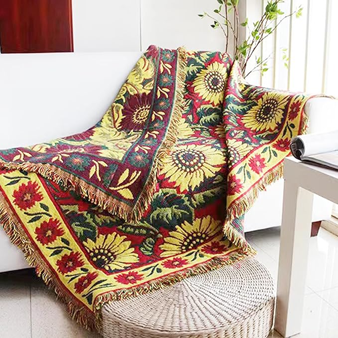 Red Sunflower Throw Blanket with Fringe Boho Throw Blankets Recliner Chair Couch Sofa Cover Woven Reversible Cotton Bohemian Tapestry Hippie Room Home Decor Double Side 70"x90"