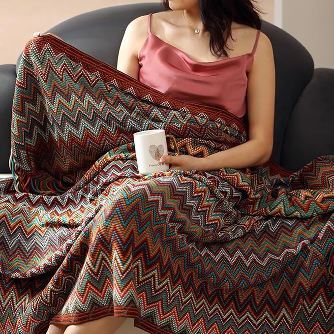 Bohemian Boho Throw Blankets, Knitted with Tassel, Outdoor Reversible Soft Cozy Lightweight Throw Blankets, Couch Bed Sofa Decorative Afghan Throw Blanket All Seasons Red 50x60 inches