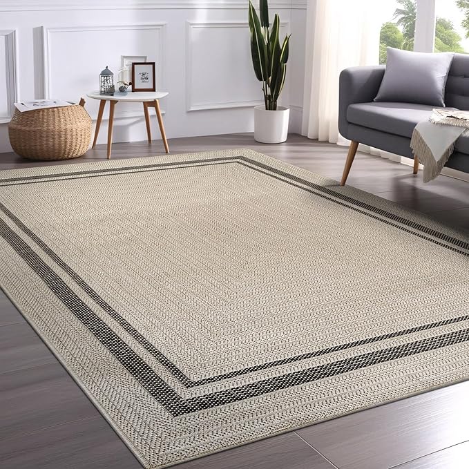 Beverly Rug Easy Jute Bordered Rug 9x12 Washable Large Indoor Outdoor Area Rugs for Living Dining Room Patio Office Stain Resistant Non Shedding Casual Indoor Outside Carpet 9 x 12 Off-White