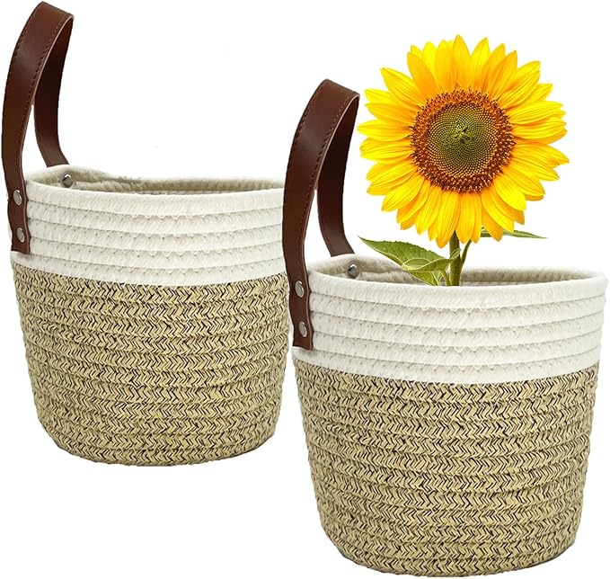 Cotton Rope Hanging Baskets for Organizing 2 Pcs Round Small Wall Basket with Handles Woven Organizer Storage Basket for Kitchen Bedroom Living Room Office (6”x6”, Light Brown)