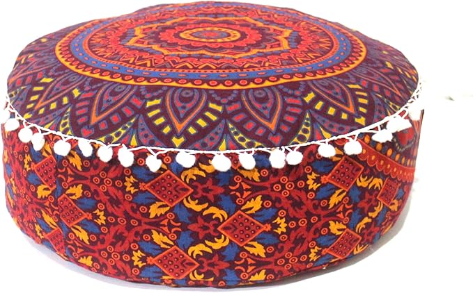 INDIAN CRAFT CASTLE ICC Floor Pillows & Cushion Covers Decorative Hippie Mandala Pouf Pillow Covers Seating Meditation Cushion Cover Large Boho Ottoman Case Pillowcase Couch New Orange, 16" Round
