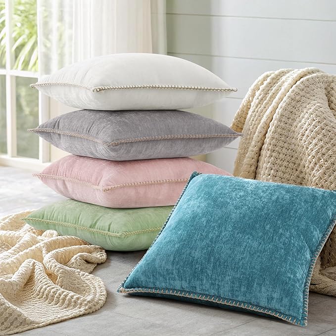 decorUhome Summer Chenille Soft Cozy Throw Pillow Covers 18x18 Set of 2, Modern Farmhouse Boho Velvet Decorative Pillow Cases with Stitched Edge for Couch Sofa Bed Home Decor, Sage Green