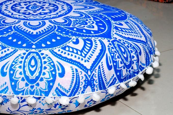 CRAFT KALA 22" Mandala Meditation Floor Pillows Cover Pouf Cover Round Seating Bohemian Mandala Cotton Floor Cushion Cover Outdoor Fireplace Seating Living Room Yoga Room Home Décor (Blue Flower)