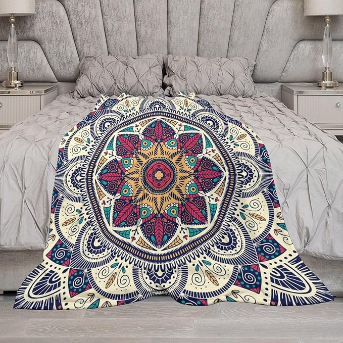 Abstract Mandala Throw Blanket Indian Hippie Bohemian Art Floral Texture Pattern Blanket for Sofa Bed Couch Chair Or Dorm 50"x60"