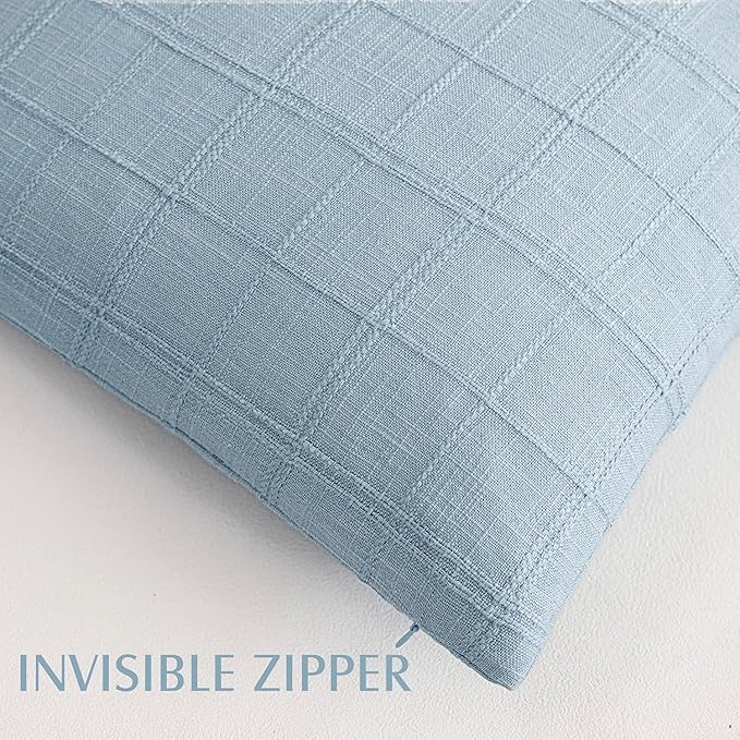 Foindtower Set of 2 Decorative Linen Check Throw Pillow Covers Neutral Farmhouse Lumbar Cushion Covers Modern Boho Accent Home Decor for Sofa Chair Couch Bedroom Living Room,12×20 Inch,Sky Blue