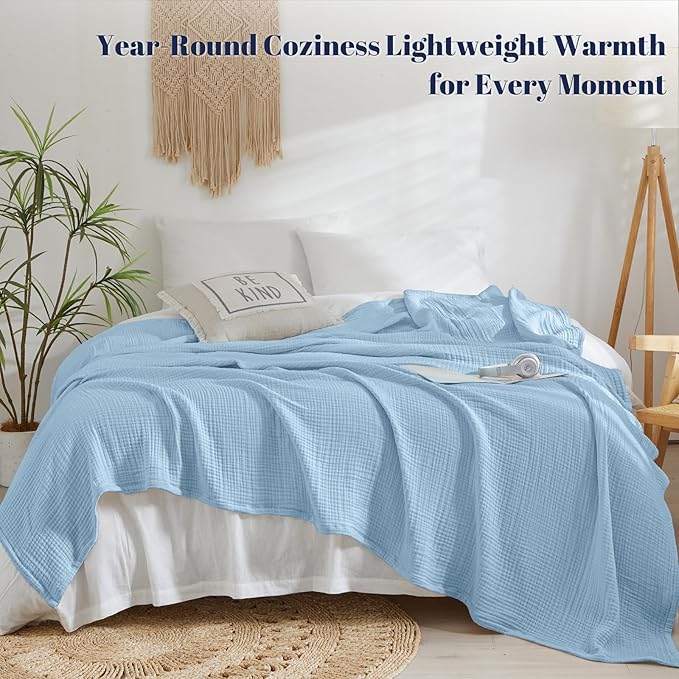 PHF 100% Cotton Muslin Blanket King Size 108"x90", 4-Layer Lightweight Gauze Throw, Breathable Cloud-Soft Minimalist Blanket for Bed, Couch, Camping & Baby, Sky Blue, Ideal Gift