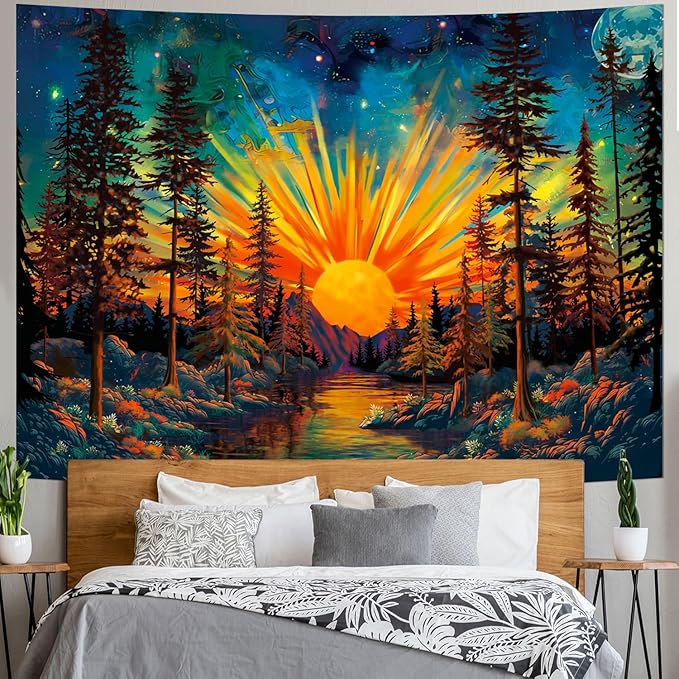 Racunbula Forest Sun Trippy Nature Tree Hippie Boho Mountain Wall Tapestry Aesthetic Starry Sky Vintage Magic River Hanging for Bedroom