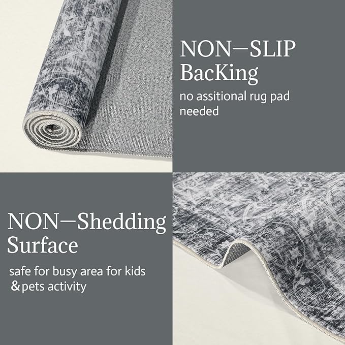 2'x6' Washable Runner Rug Utral Soft Lightweight Vintage Boho Distressed Non-Slip Backing,Low Pile Stain Resistant Farmhouse Rug for High-Traffic Hallway, Kitchen & Laundry