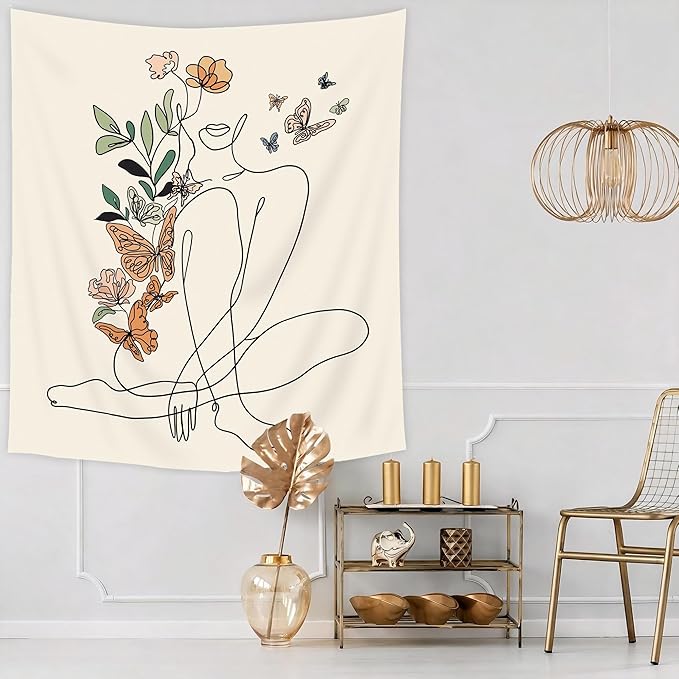 SVBright Abstract Woman Butterfly Fabric Wall Hanging Tapestry 51Wx59H Inch Minimalist Modern Flower Plant Mid Century Terracotta Aesthetic Portrait Beige Home Decor Art for Living Room Bedroom Dorm