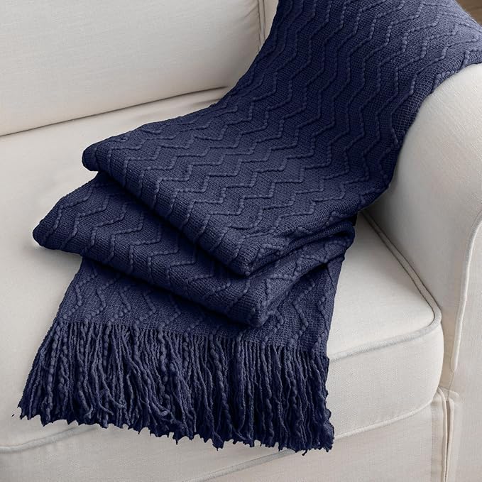 BATTILO HOME Navy Blue Throw Blanket for Couch, Textured Soft Navy Throw, Decorative Knitted Navy Blanket Throw for Sofa Bed Living Room, 50"x60"
