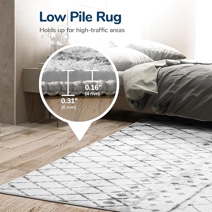 Lessymo 8 x 10 Area Rugs for Living Room, Machine Washable Rugs Neutral Faux Wool Modern Geometric Moroccan Distressed Rug with Non-Slip Rubber, Geometric Grey