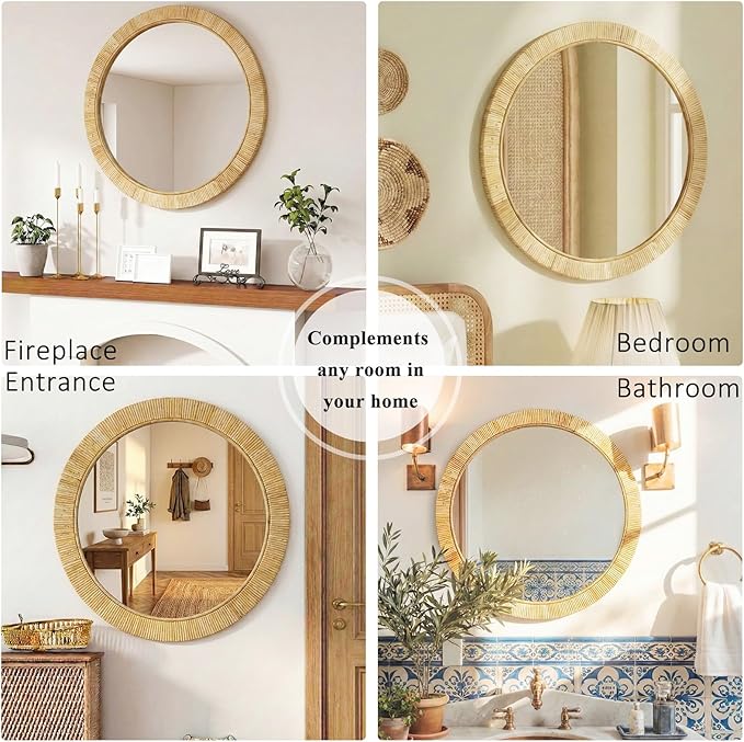 24"x24" inch Rattan Mirrors for Wall, Rustic Farmhouse Style Handmade Wicker Rattan Frame, Boho Wall Mirror for Bedroom, Bathroom, Livingroom, Hallway