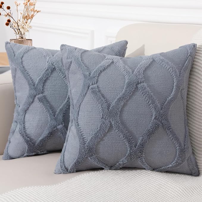 decorUhome Spring Throw Pillow Covers 16x16 Inch Set of 2, Soft Plush Faux Fur Wool Blue Grey Accent Couch Pillow Covers for Modern Farmhouse Bed Sofa Living Room