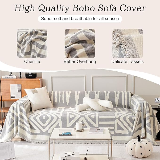 ROOMLIFE Boho Couch Cover for 3 Cushion Couch L Shape Sofa Covers for Sectional Sofa Reversible Silpcover for Dogs Washable Chenille Furniture Protector for Living Room,91"x134"