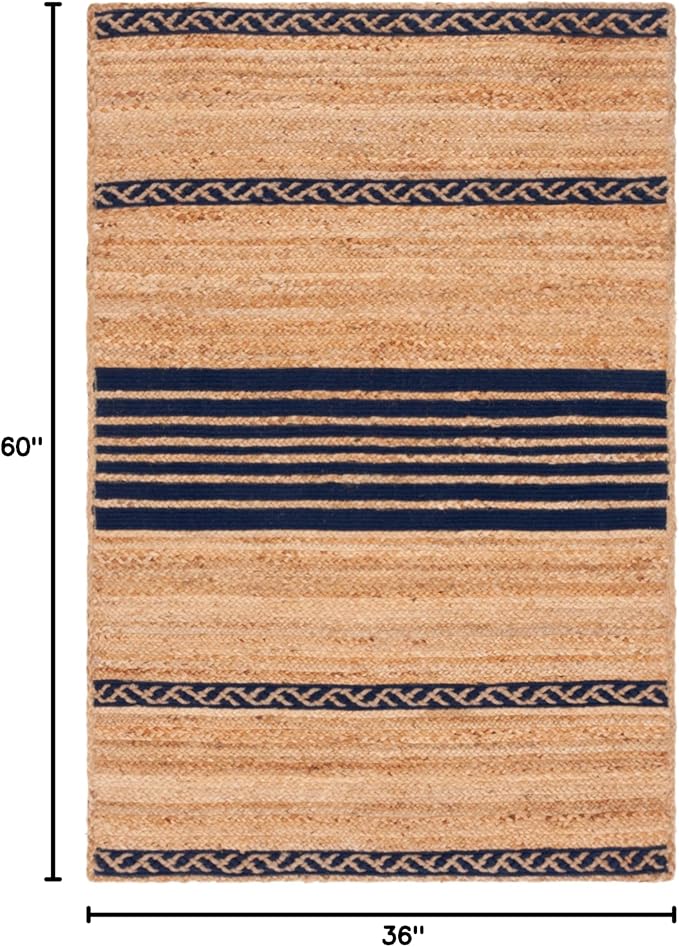 SAFAVIEH Natural Fiber Collection Accent Rug - 3' x 5', Natural & Navy, Handmade Stripe Boho Farmhouse Rustic Braided Jute, Ideal for High Traffic Areas in Entryway, Living Room, Bedroom (NFB262N)