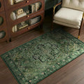 Dark Green Vintage Entryway Rug 3x5, Tranditional Medallion Distressed Throw Rug for Bedroom Bedside, Washable Non Slip Low Pile Small Area Rug for Living Room/Kitchen/Bathroom/Dorm/Closet