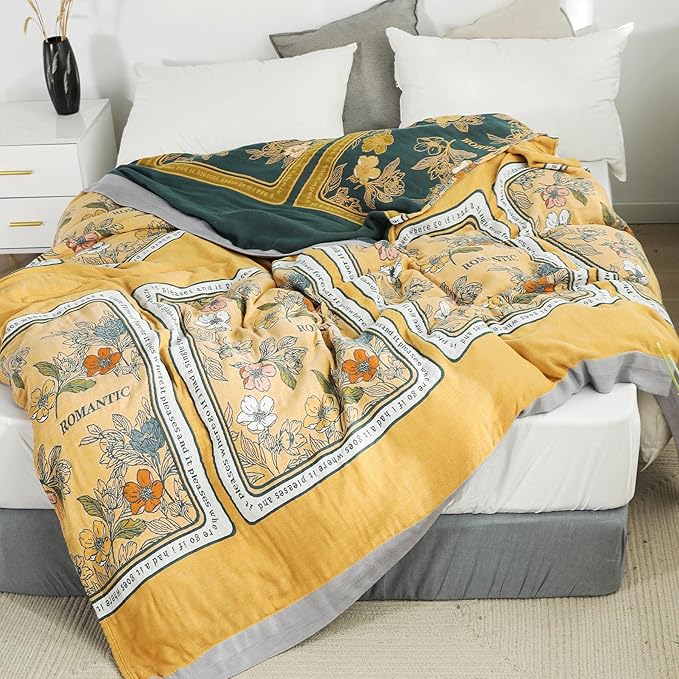 Boho Throw Blanket for Bed 100% Cotton Ultra Soft Rustic Quilt Fall Blanket Floral Printed Farmhouse Decor Bed Blankets,80"×90" All Season Rustic Throw for Sofa Couch Chair