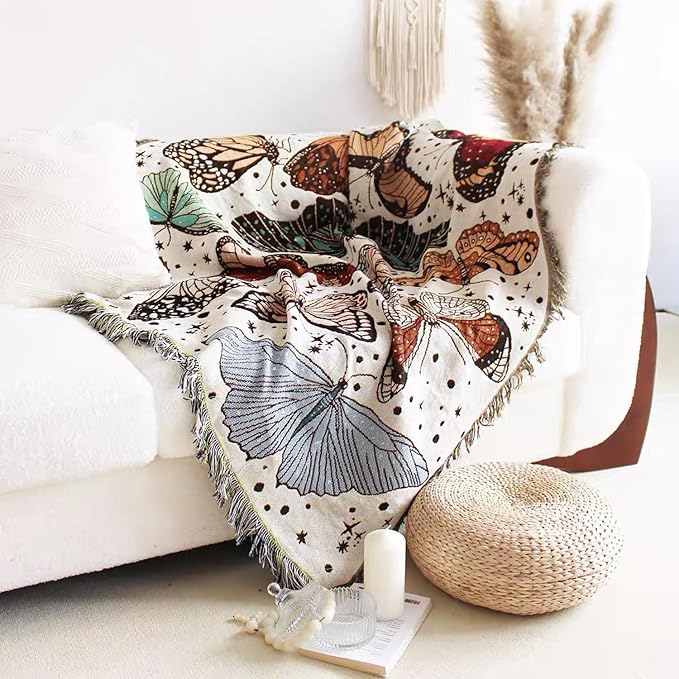 Hopstar Butterfly Throw Blanket Outdoor Blankets and Throws Boho Western Decor Cotton Woven Couch Cover Blanket for Sofa Living Room Beach Travel 51"x63" (Colorful Butterfly)