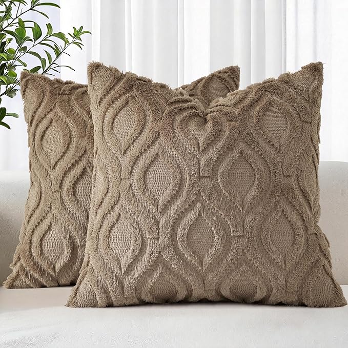decorUhome Cozy Textured Euro Sham Throw Pillow Covers 26x26 Inch Set of 2, Soft Plush Faux Wool Light Brown Accent Couch Pillow Covers for Modern Farmhouse Sofa Bed Living Room