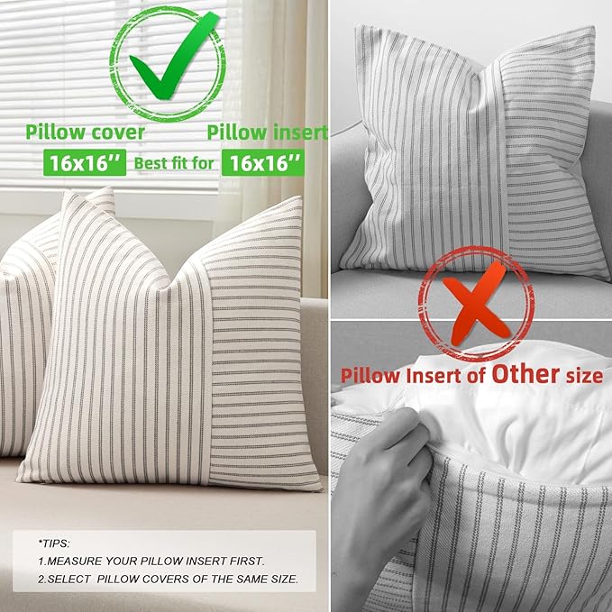 YCOLL Farmhouse Pillow Covers 16x16, Modern Accent Square Throw Pillow Covers Set of 2, Gray and Beige Striped Patchwork Linen Decorative Pillows Cushion Covers for Couch Chair Bedroom Home Decor