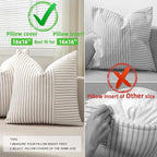 YCOLL Farmhouse Pillow Covers 16x16, Modern Accent Square Throw Pillow Covers Set of 2, Gray and Beige Striped Patchwork Linen Decorative Pillows Cushion Covers for Couch Chair Bedroom Home Decor