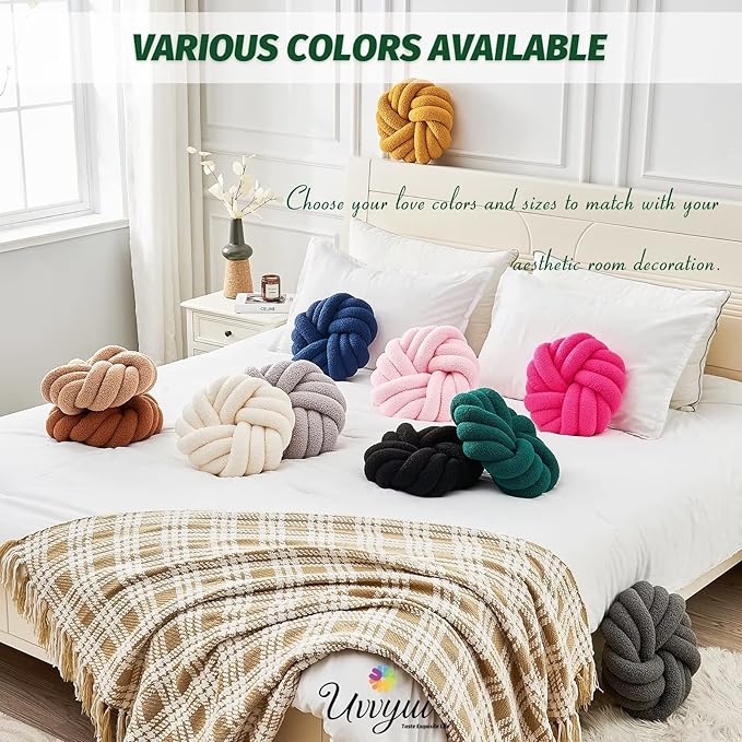 Uvvyui Knot Pillows, 14 Inch Decorative Throw Pillows Round Pillows Cushion, Soft Handmade Knotted Ball Pillow Plush Cushion Home Decor for Bed Couch Living Room (Dark Green, 14 Inch)