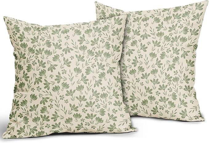 Sage Green Floral Pillow Covers 16x16 Set of 2 Spring Vintage Rustic Old Style Cute Flower Green Cream Print Decorative Outdoor Pillowcases Farmhouse Throw Cushion Case Decor for Couch Sofa Bed
