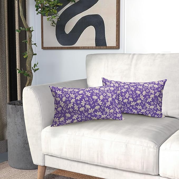 Purple Pillow Covers 12x20 Set of 2 Vintage Floral Rustic Old Style Cute Flower Print Rectangle Decorative Outdoor Pillowcases Seasonal Farmhouse Throw Cushion Case Couch Sofa Bed Decor