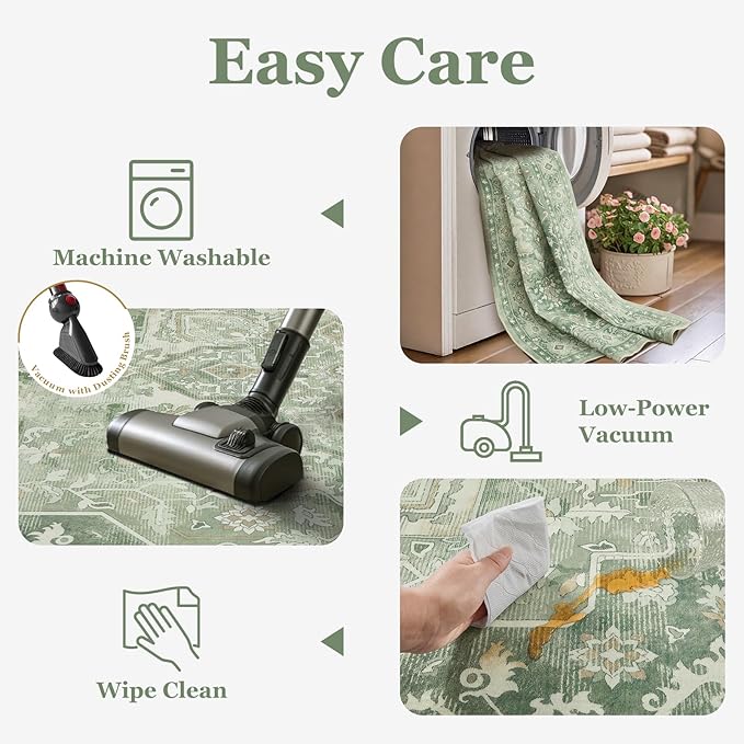 Sage Green Living Room Rug 6x9, Washable Non Slip Rug for Dining Room Under Table, Modern Vintage Medallion Low Pile Thin Carpet Rugs for Bedroom Den Home Office, Cozy Cottagecore Soft Green