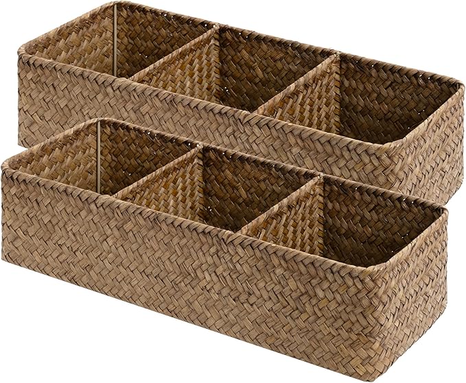 StorageWorks Toilet Paper Basket for Back of Toliet， Bathroom Basket with 3 Enlarged Compartments, Seagrass Toilet Paper Storage Baskets, 16½"x 5½"x 5½", Brown, 2-Pack