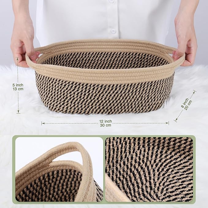 Large Gift Basket Empty with Handles, 12x8x5 inch - Medium Woven Rope Bin for Adult, Men, Boys, Pet Toys, Shelves - With Gift Bag & Ribbon, Washable, Resuable - Dark Brown