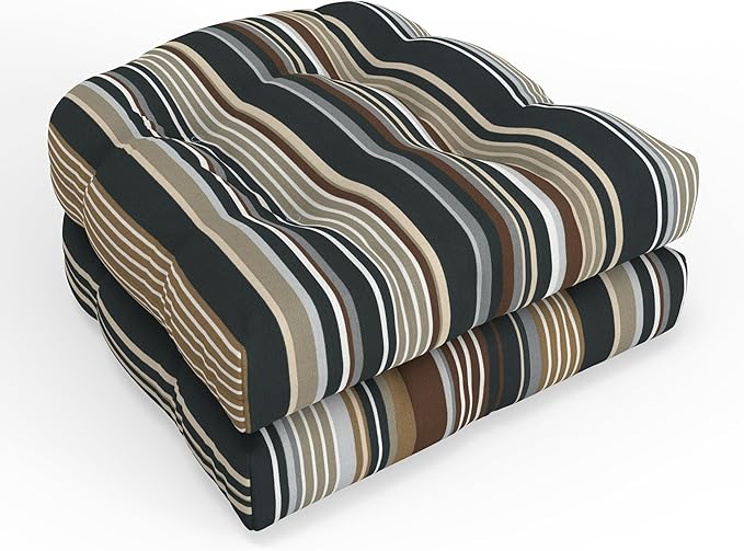 Pillow Perfect Stripe Outdoor Indoor/Outdoor Wicker Chair Seat Cushion, Tufted, Weather, and Fade Resistant, 19" x 19", Labrisa Rattan, 2 Count