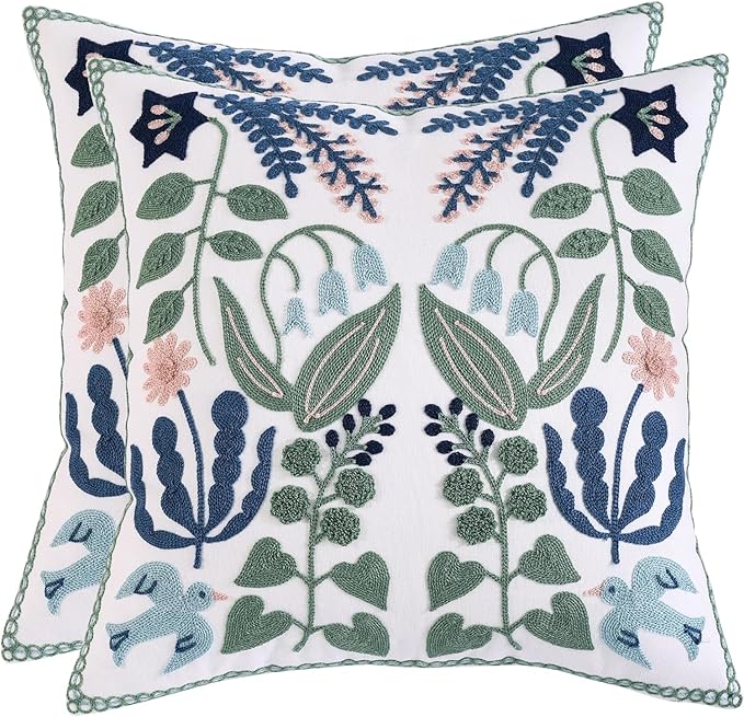 Tosleo Flower Embroidered Throw Pillow Covers 16x16 Pack of 2 Green Leaves with Birds Floral Tufted Pillowcases Spring Summer Decor Coastal Pillow Cushion Cases Square Navy Blue Flower Pillow Case