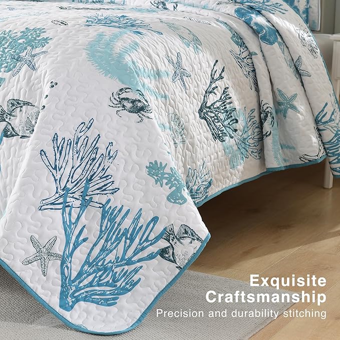 HORIMOTE HOME Coastal Quilt Bedding Set King Size, Reversible Blue Summer Beach Quilt Lightweight Ocean Nautical Comforter Tropical Bedspread Coverlet with 2 Pillow Shams for All Seasons (106"x96")
