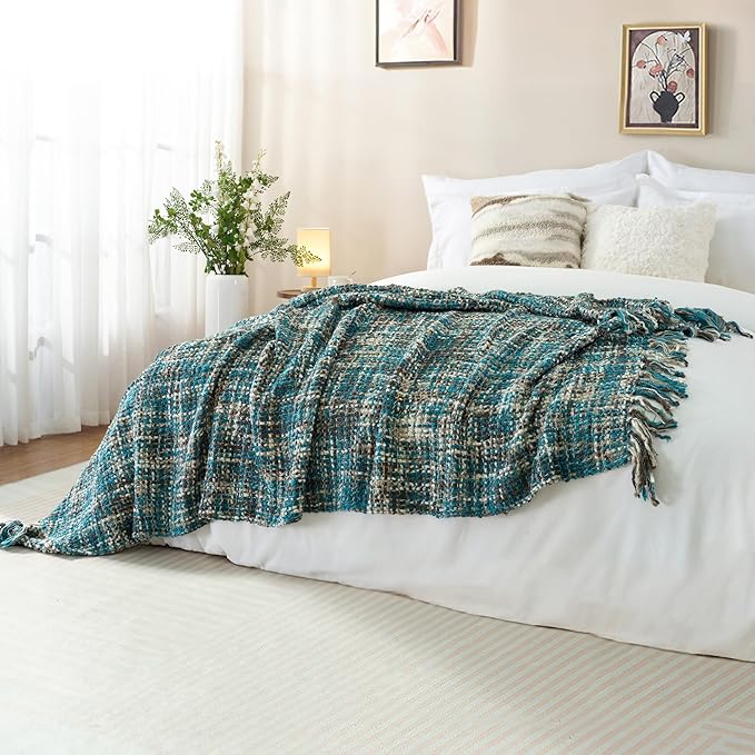 Multi-Color Teal Cable Woven Throw Blanket for Couch,60"X80" Boho Style Textured Blankets for Home Decor,Super Soft Warm Cozy Chunky Blanket with Decorative Tassels for Bed and Sofa