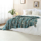 Multi-Color Teal Cable Woven Throw Blanket for Couch,50"X60" Boho Style Textured Blankets for Home Decor,Super Soft Warm Cozy Chunky Blanket with Decorative Tassels for Bed and Sofa
