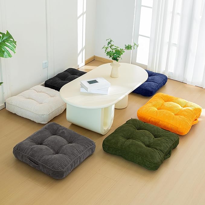 HIGOGOGO Floor Pillow Cushion for Adults, Meditation Cushion Pillow, Large Square Floor Sitting, Tufted Corduroy Cover, for Tatami Living Room or Yoga, 22x22 Inch, Dark Green