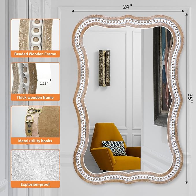 35x24 inches Rustic Farmhouse Mirror for Wall Decor, Wooden Beads Decorative Mirrors for Living Room, Bedroom, Hallway, Bathroom, Entryway - Vertical or Horizontal Hanging