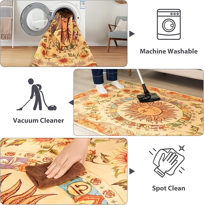 Ultra Thin Washable Mystical Rugs Stain Resistant, Sun and Moon 4x6 Area Rugs Non Slip - Retro Yellow Hippie Floral Throw Rugs for Living Room Bedroom Entryway, Trendy Indie Dorm Tapestry Rug