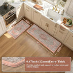 Collive Boho Kitchen Mats for Floor Cushioned, Anti Fatigue Waterproof Kitchen Rug Set of 2 Non Skid Comfort Standing Mat for Office, Sink, Laundry, 17.3"x29"+17.3"x47"(Coral & Greige)