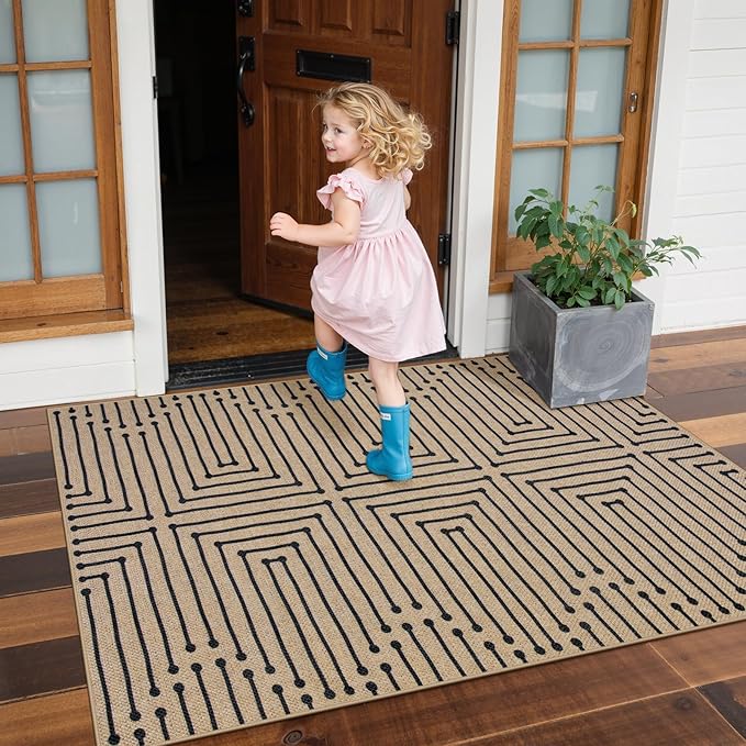 Lahome Boho 3x5 Washable Rugs for Entry, Easy Jute Indoor Outdoor Porch Rugs, Maze Lines Modern Throw Rug Non Slip Stain Resistant Door Mat for Bedroom Living Room Deck