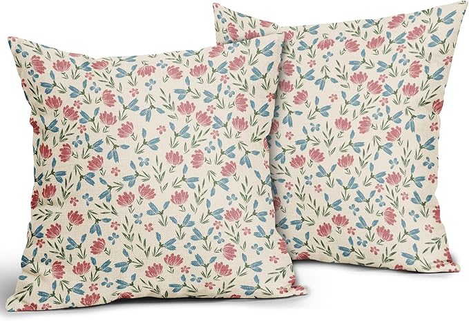 Green Pink Blue Floral Pillow Covers 20x20 Set of 2 Vintage Rustic Old Style Cute Small Flower Print Decorative Outdoor Pillowcases Farmhouse Throw Cushion Case Decor for Couch Sofa Bed
